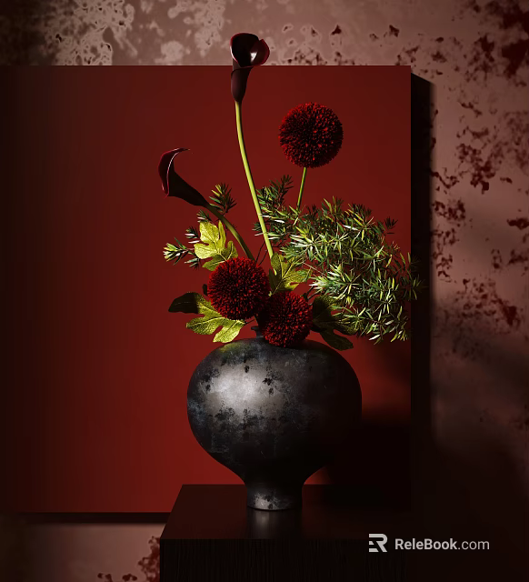 Elegant Decorative Ornament Set With Black Vase Red Flowers Green Foliage And Textured Wall 3d model 