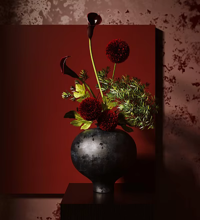 Elegant Decorative Ornament Set With Black Vase Red Flowers Green Foliage And Textured Wall 3d model