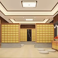 Traditional Chinese Memorial Hall With Wooden Structure Yellow Grid Walls And Offering Table