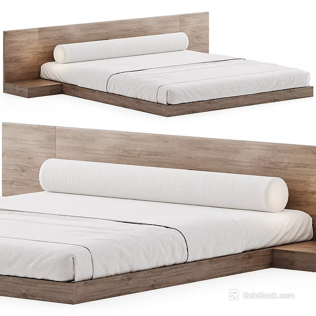 Modern Double Bed Interior Design With Wooden Headboard And White Sheets 3d model 