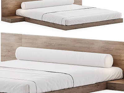 Modern Double Bed Interior Design With Wooden Headboard And White Sheets 3d model