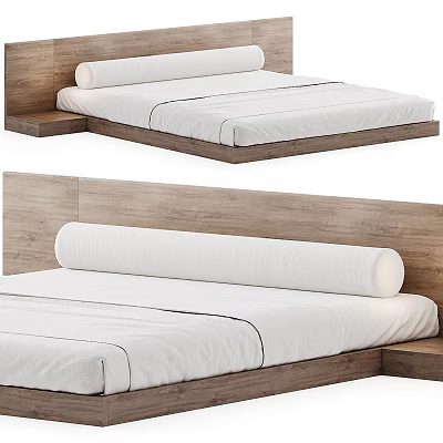 Modern Double Bed Interior Design With Wooden Headboard And White Sheets 3d model