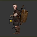 Detailed 3D Character Sculpture of Worker with Shovel and Lantern in Brown Outfit
