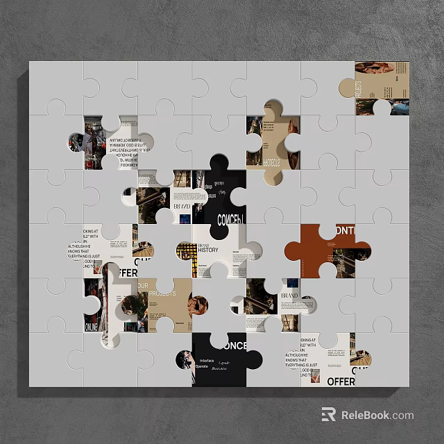 Wall Surface Decorated With Puzzle Pieces Featuring Various Images And Text Elements 3d model 