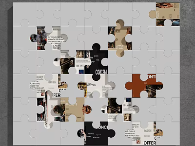Wall Surface Decorated With Puzzle Pieces Featuring Various Images And Text Elements 3d model