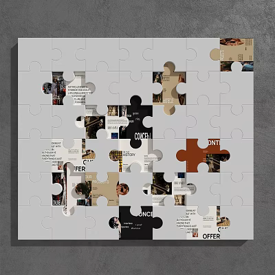 Wall Surface Decorated With Puzzle Pieces Featuring Various Images And Text Elements 3d model