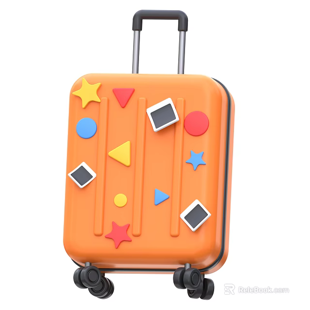 Orange Travel Luggage With Vibrant Decorative Shapes And Colorful Stars 3d model 
