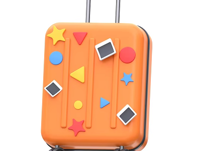 Orange Travel Luggage With Vibrant Decorative Shapes And Colorful Stars 3d model