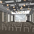 Bright Learning Space With Wooden Chairs Lectern Large Screen And Bookshelves