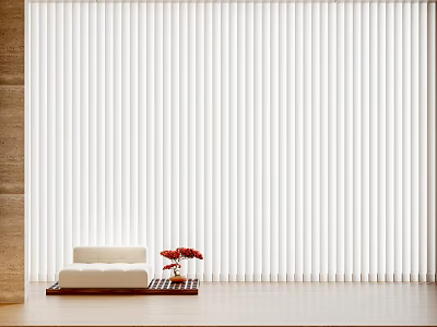 White Vertical Curtains in Modern Interior with White Sofa and Red Flowers on Wooden Tray 3d model