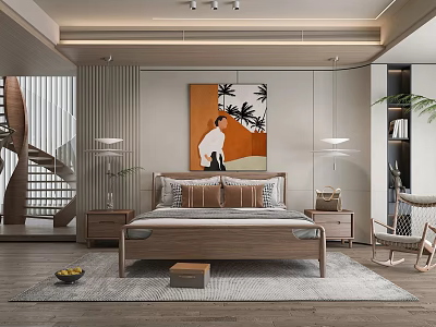 Modern Minimalist Bedroom Interior With Wooden Bed Pillows Wall Art And Rocking Chair 3d model