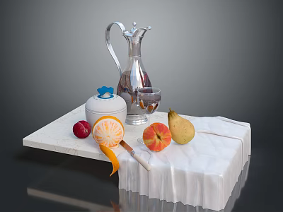 White Tray With Silver Jug Blue Lid Container Glass Cup Fruits And Knife 3d model
