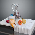 White Tray With Silver Jug Blue Lid Container Glass Cup Fruits And Knife