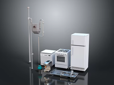 Modern Kitchen Appliances Collection Featuring Refrigerator Oven Stove Sink And Coffee Maker 3d model