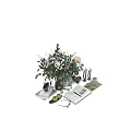 Decorative Ornament Set With Green Plants Eucalyptus Leaves Small White Flowers And Glass Vase