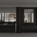 Modern Bathroom Vanity Design With Black Marble Countertop And Gold Framed Mirror