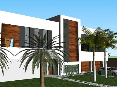 Modern Detached Villa With White Exterior Wooden Panels Palm Trees And Lawn 3d model