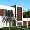 Modern Detached Villa With White Exterior Wooden Panels Palm Trees And Lawn