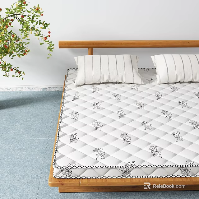 White Quilted Mattress With Bear Patterns And Wooden Headboard Near Green Plant 3d model 