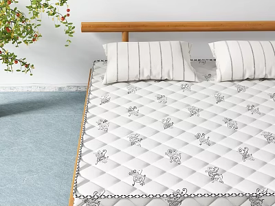 White Quilted Mattress With Bear Patterns And Wooden Headboard Near Green Plant 3d model