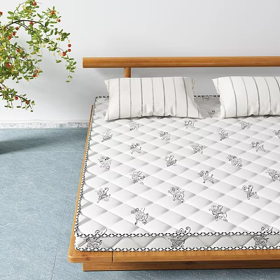 White Quilted Mattress With Bear Patterns And Wooden Headboard Near Green Plant 3d model
