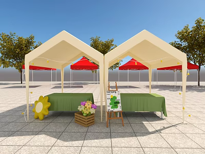 Outdoor Display Booth With Yellow Tents Green Tables Sunflower Red Umbrellas And Trees On Stone Pavement 3d model