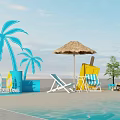 Beachside Relaxation Setup With Palm Trees Straw Umbrella Yellow Ice Cream Decoration And Deck Chairs