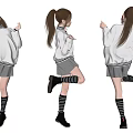 A Woman In White Sweater Grey Pleated Skirt And Black Striped Socks Dancing Pose