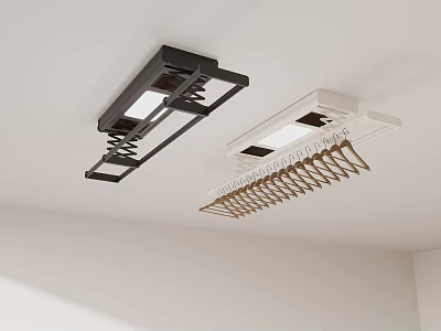 Ceiling Mounted Black And White Clothes Drying Racks With Multiple Hangers 3d model