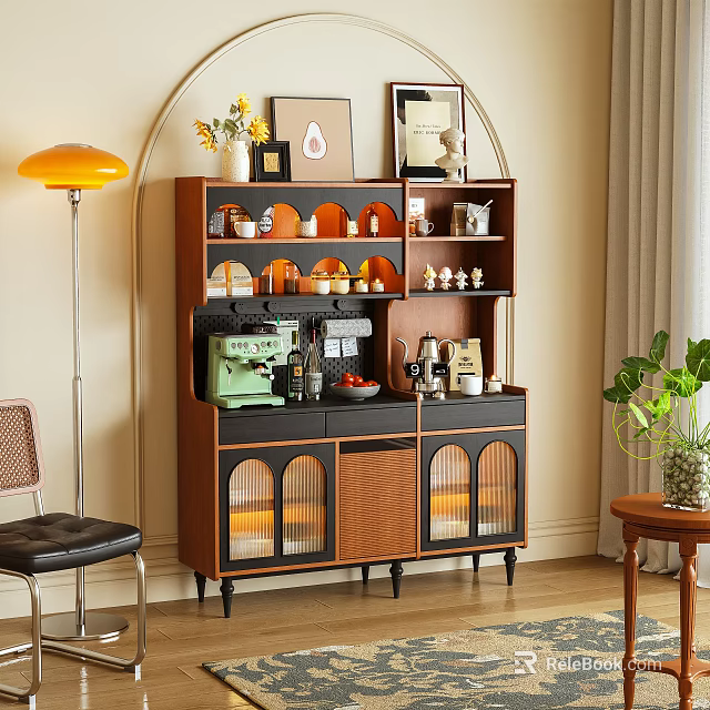 Wooden Sideboard with Glass Doors and Open Shelves Displaying Coffee Machine and Decorative Items 3d model 