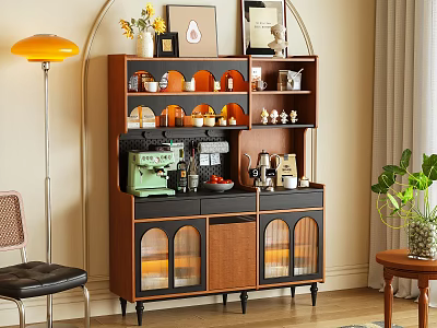 Wooden Sideboard with Glass Doors and Open Shelves Displaying Coffee Machine and Decorative Items 3d model