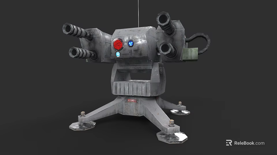 Multi Barrel Turret Weapon With Red Blue Indicator Lights And Sturdy Base 3d model 