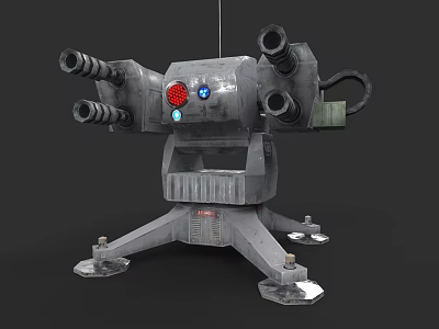 Multi Barrel Turret Weapon With Red Blue Indicator Lights And Sturdy Base 3d model