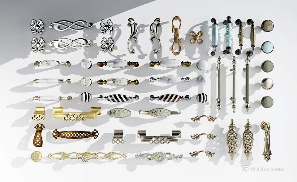 Various Stylish Handles for Cabinet Furniture with Modern Classic Designs and Metal Glass Materials 3d model 