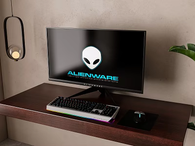 Alienware Gaming Monitor With RGB Keyboard On Modern Wooden Desk Setup 3d model