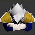 Anime Warrior Character With White Spiky Hair Blue And Yellow Outfit Arms Crossed Standing Pose
