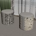 Round Upholstered Stools With Patterned Design In Modern Interior With Textured Curtains And Light Carpet 3d model