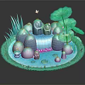 Cartoon Scenic Miniature Landscape With Lily Pads Waterfall Rocky Mushroom Structures And Flying Butterflies