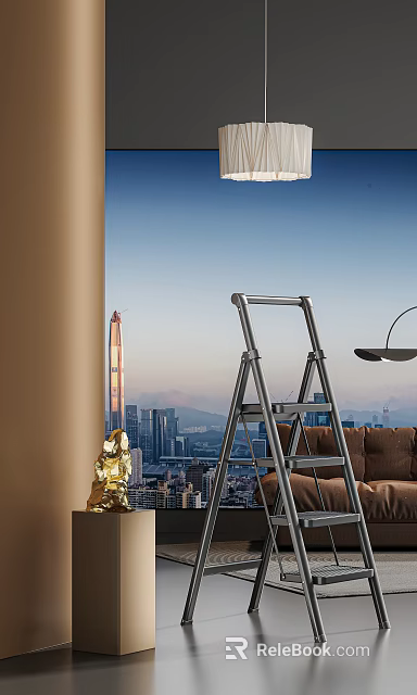 Interior Space With Ladder Golden Sculpture And Cityscape 3d model