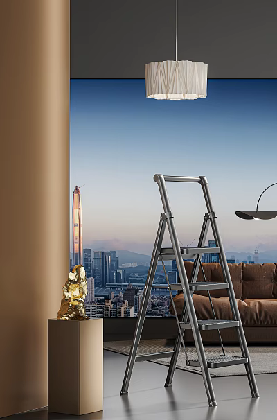 Interior Space With Ladder Golden Sculpture And Cityscape 3d model Interior Space With Ladder Golden Sculpture And Cityscape 3d model