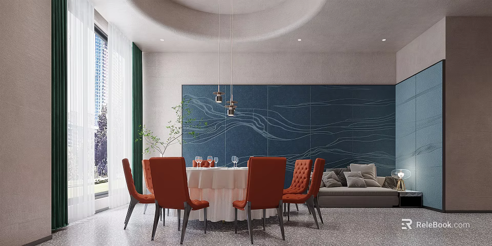 Elegant Private Dining Box With Orange Chairs Blue Feature Wall Pendant Lights And Sofa 3d model