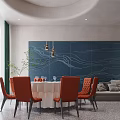Elegant Private Dining Box With Orange Chairs Blue Feature Wall Pendant Lights And Sofa 3d model