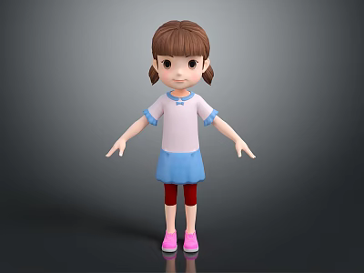 Game Movie Character Girl With Brown Pigtails Pink Top Blue Skirt Red Leggings Pink Shoes 3d model