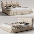 Modern Light Colored Double Bed With Padded Headboard Plaid Blanket And Soft Pillows 3d model