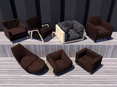 Single Sofa in Various Brown Designs With Modern Styles Displayed on Wooden Floor 3d model
