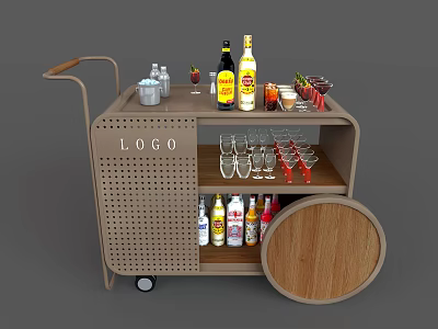 Wooden Serving Cart With Wheels For Bottles Glasses And Fruits Storage 3d model