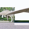 White Modern Pergola Canopy Structure With Seating Bench Trees And Stone Pathway 3d model
