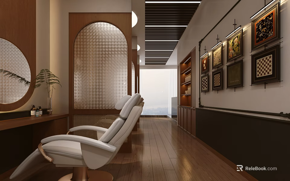 Elegant Beauty Salon Interior With White Chairs Wooden Flooring Arched Partition And Decorative Paintings 3d model 