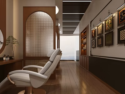 Elegant Beauty Salon Interior With White Chairs Wooden Flooring Arched Partition And Decorative Paintings 3d model
