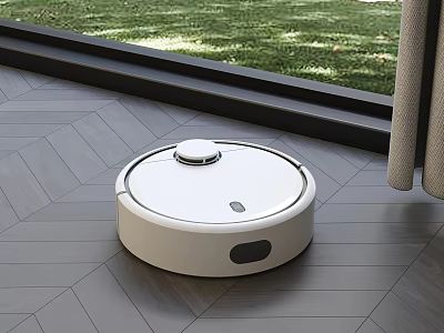 Sleek White Robotic Vacuum Cleaner Cleaning Indoor Wooden Floor Near Window With Grass 3d model
